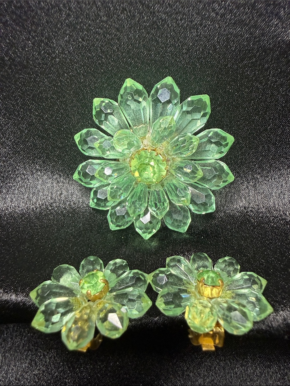 Vintage Western Germany Green Crystal Flower Brooch and Clip-On Earring Set